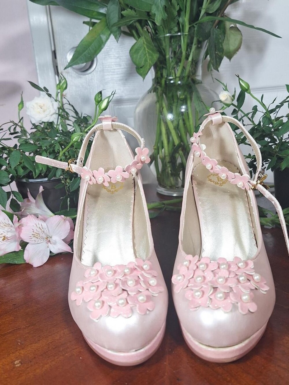 💗 Baby, the Stars Shine Bright Pink Floral Pearl Glitter Mid Heel Pumps (Size L
